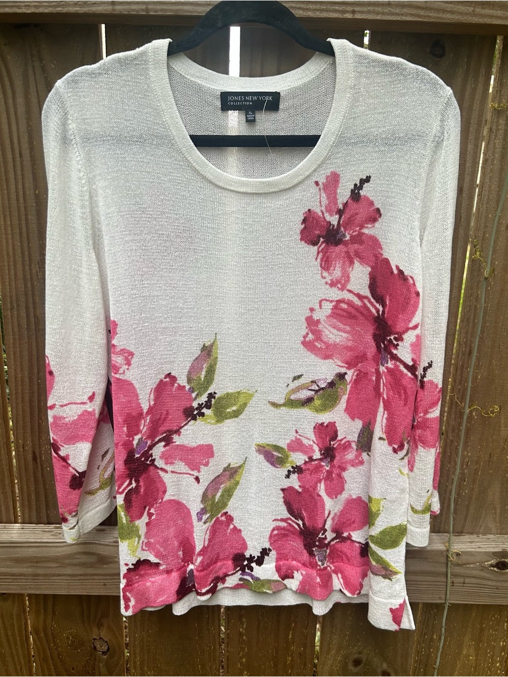 NWT $99 Jones New York white Floral Crewneck Top/ lightweight sweater size XL